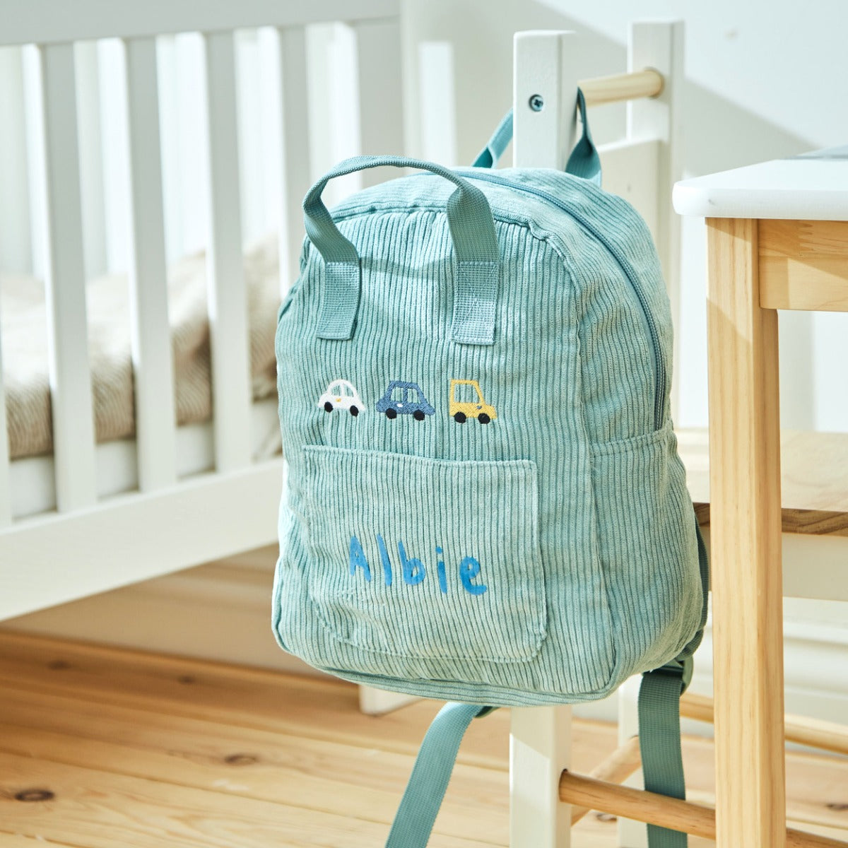 Personalised Transport Sage Mini Cord Backpack – My 1st Years
