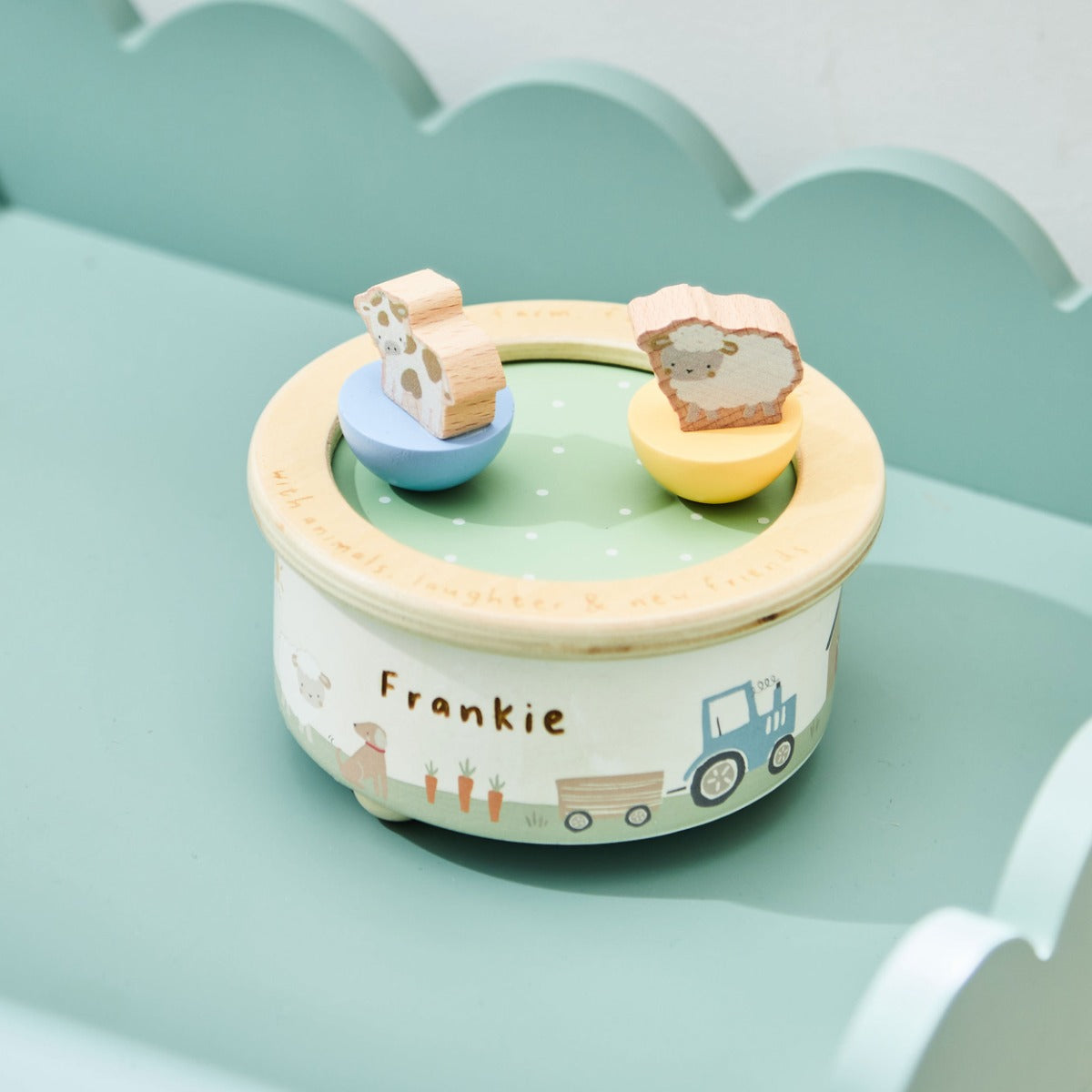 Personalised Sage Wooden Farmyard Music Box FSC® – My 1st Years