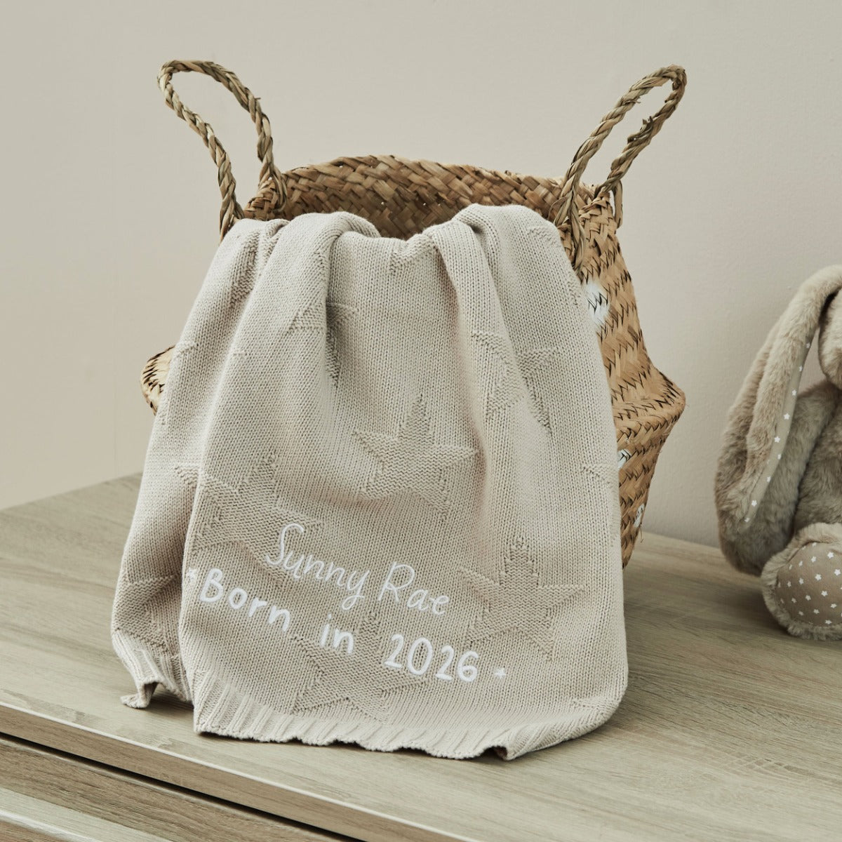 Personalized Born In 2026 Oatmeal Star Jacquard Baby Blanket