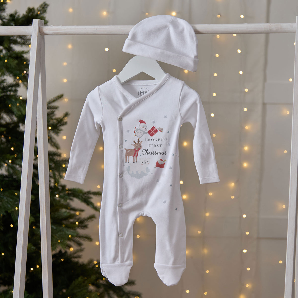 Personalised First Christmas Stack Wrap Sleepsuit & Hat Set