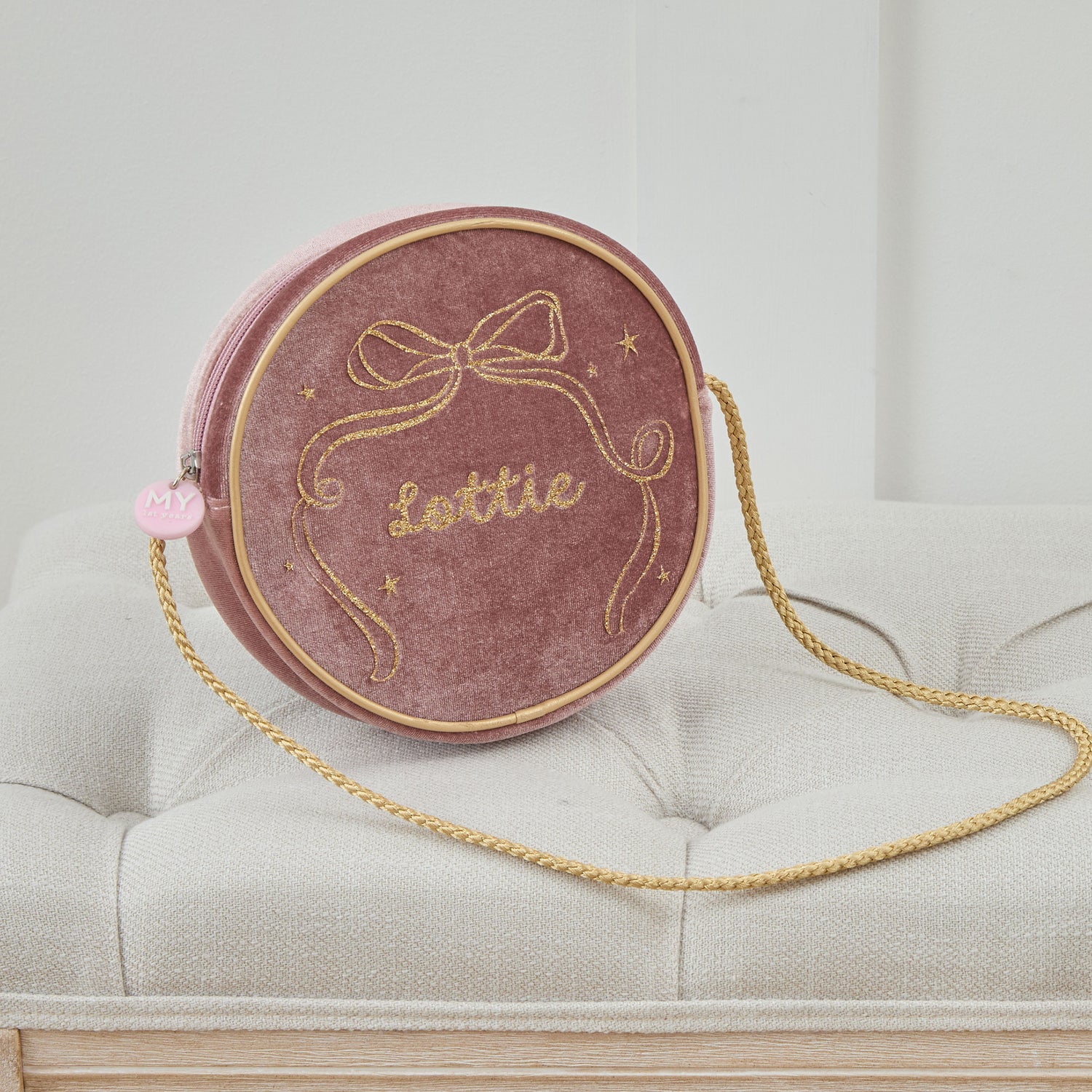 Personalised Gold Bow Pink Velvet Handbag