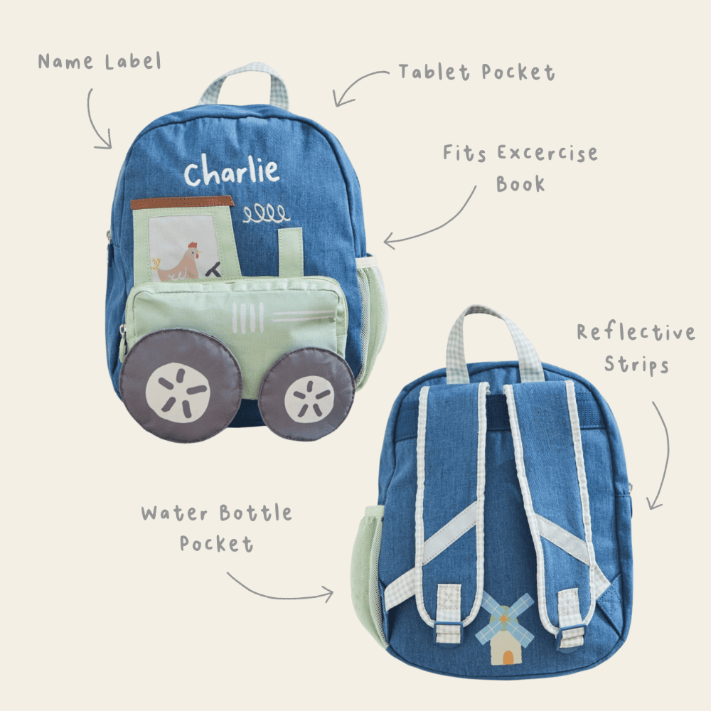 Personalised Tractor Denim Medium Character Backpack