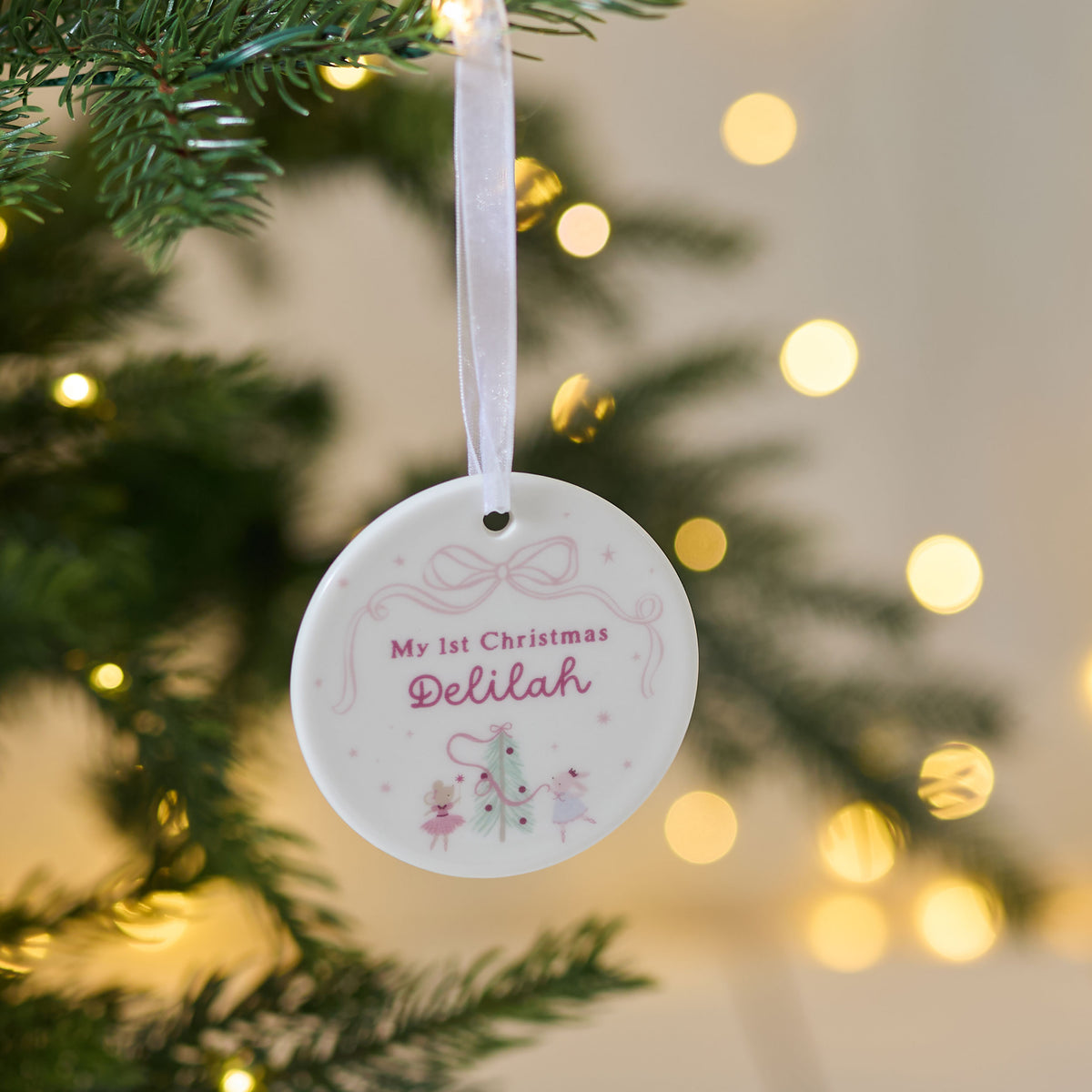 Personalised Pink Bow 1st Christmas Round Ceramic Decoration