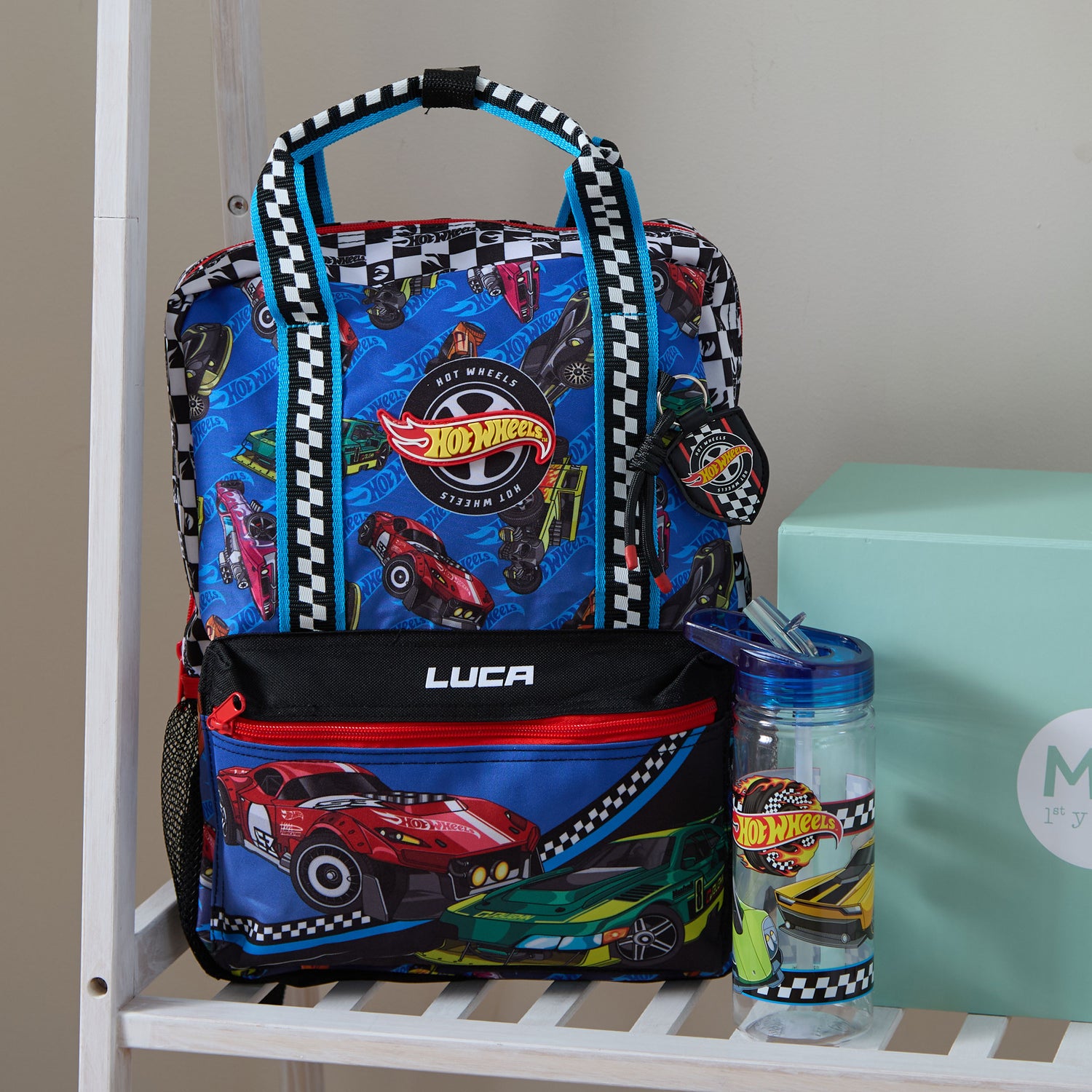 Personalised William Lamb Hot Wheels Water Bottle And Backpack
