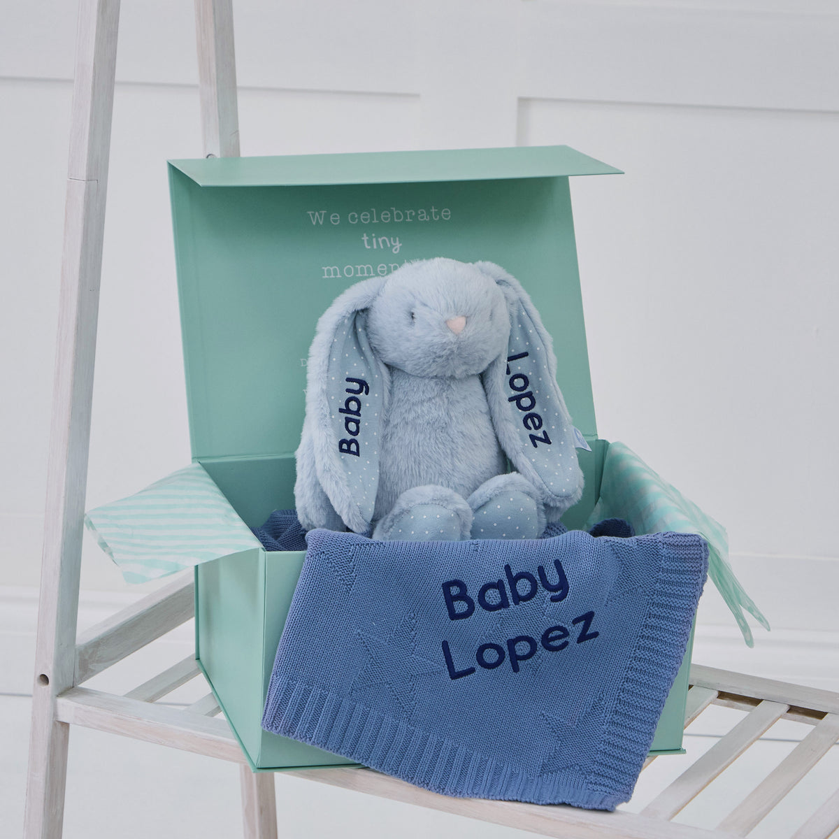 Personalized Blue Blanket and Bunny Gift Set