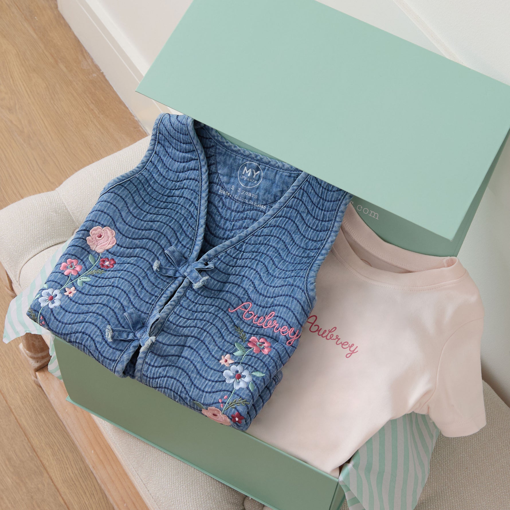Personalised Floral Embroidered Denim Gilet and Pink Tee Gift Set