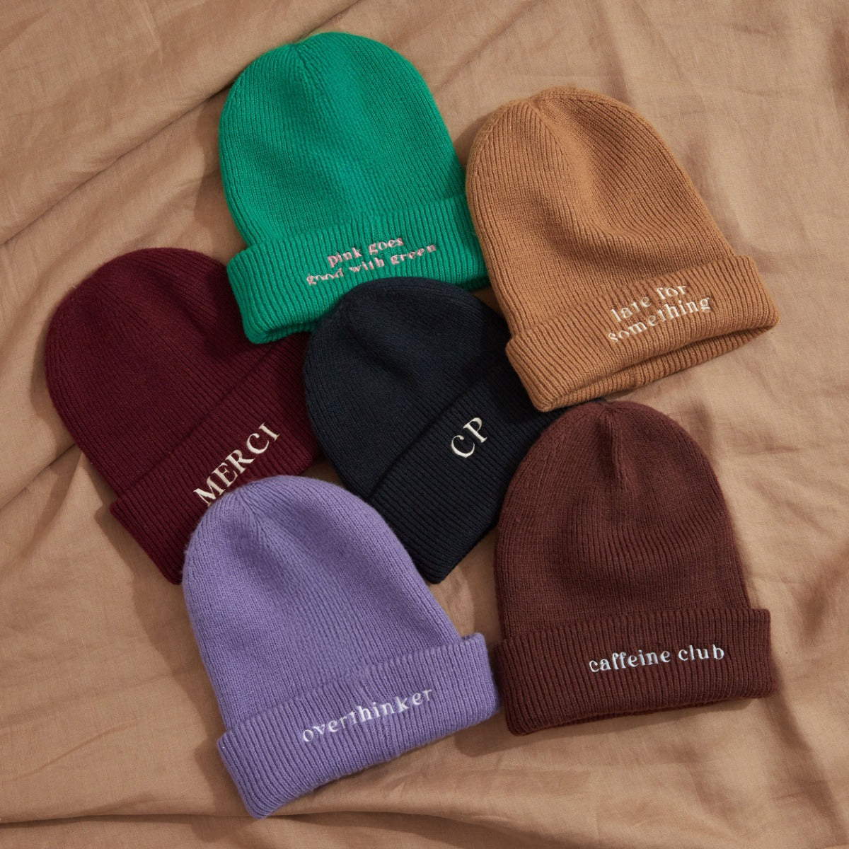 Personalised Walnut Brown Beanie Hat with Customisable slogan
