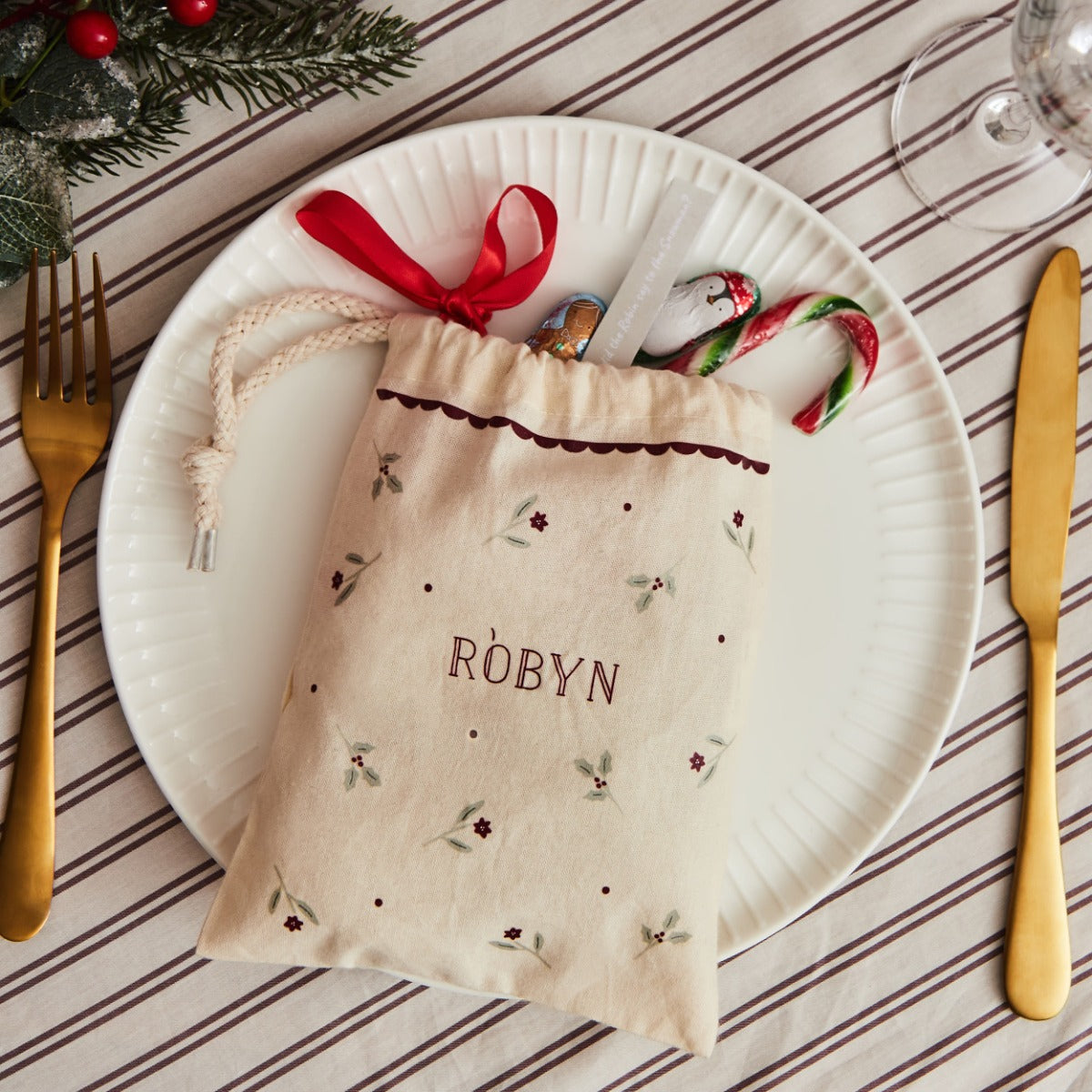 Personalised Traditional Christmas Polka Dot Drawstring Gift Bag