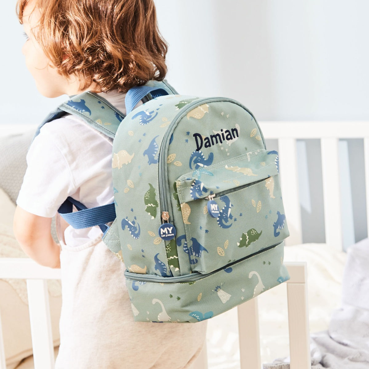 Personalised Green Dinosaur Print Mini Backpack with Compartment