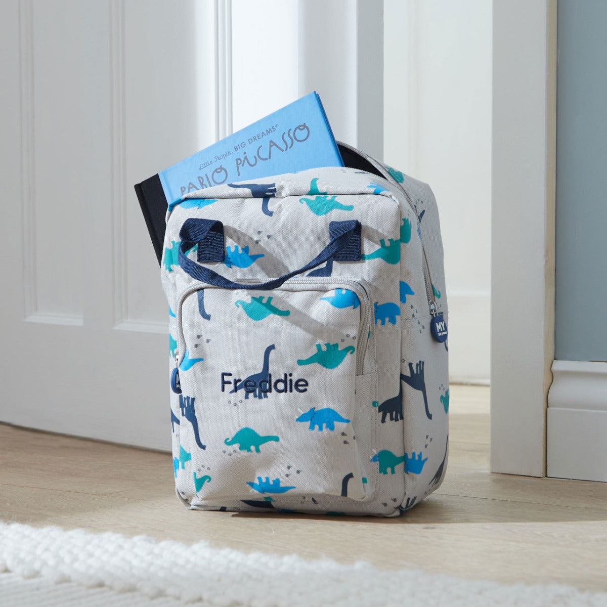 Personalised Grey Dinosaur Print Medium Backpack