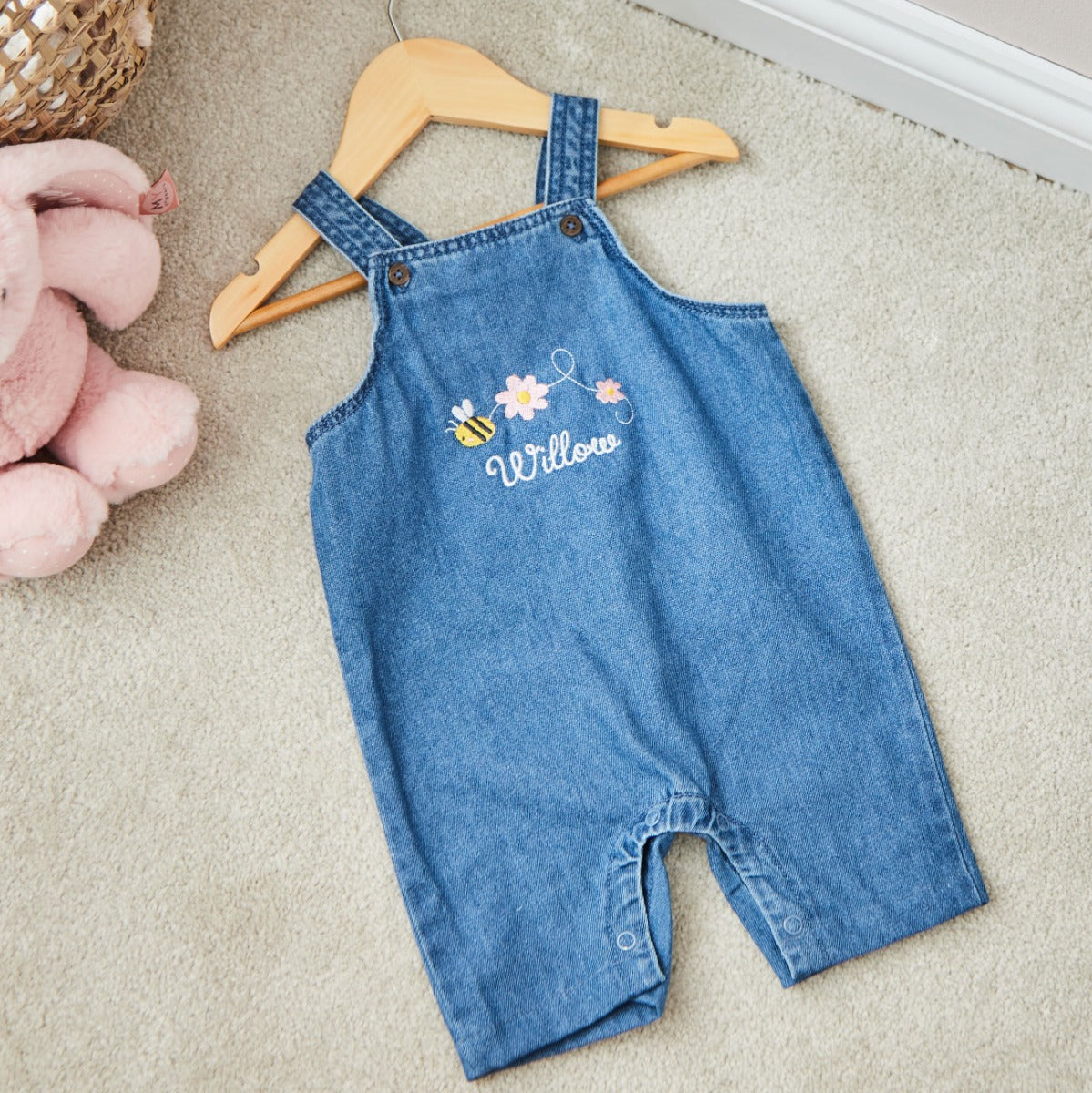 Personalised Bumblebee Design Short Legged Denim Dungarees