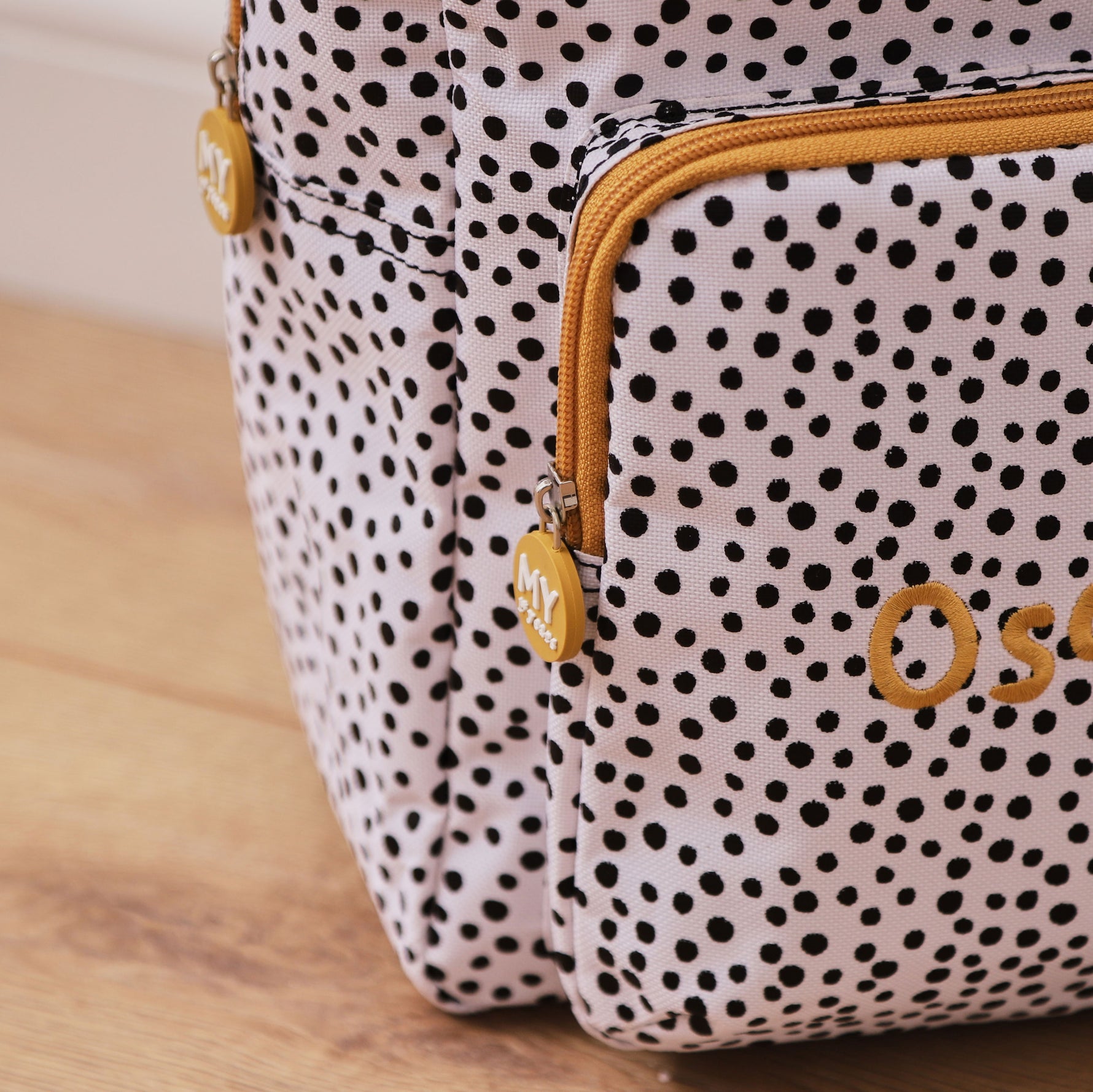 Personalised Black and White Polka Dot Medium Backpack with Grab Handle