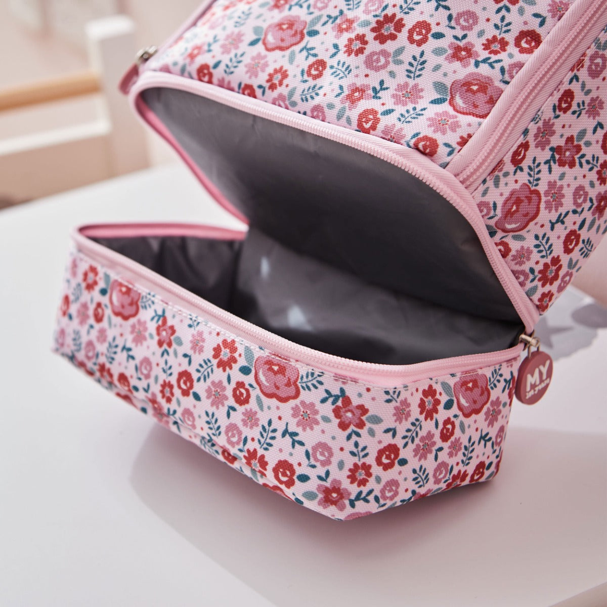 Personalised Pink Ditsy Print Lunch Bag with Compartment
