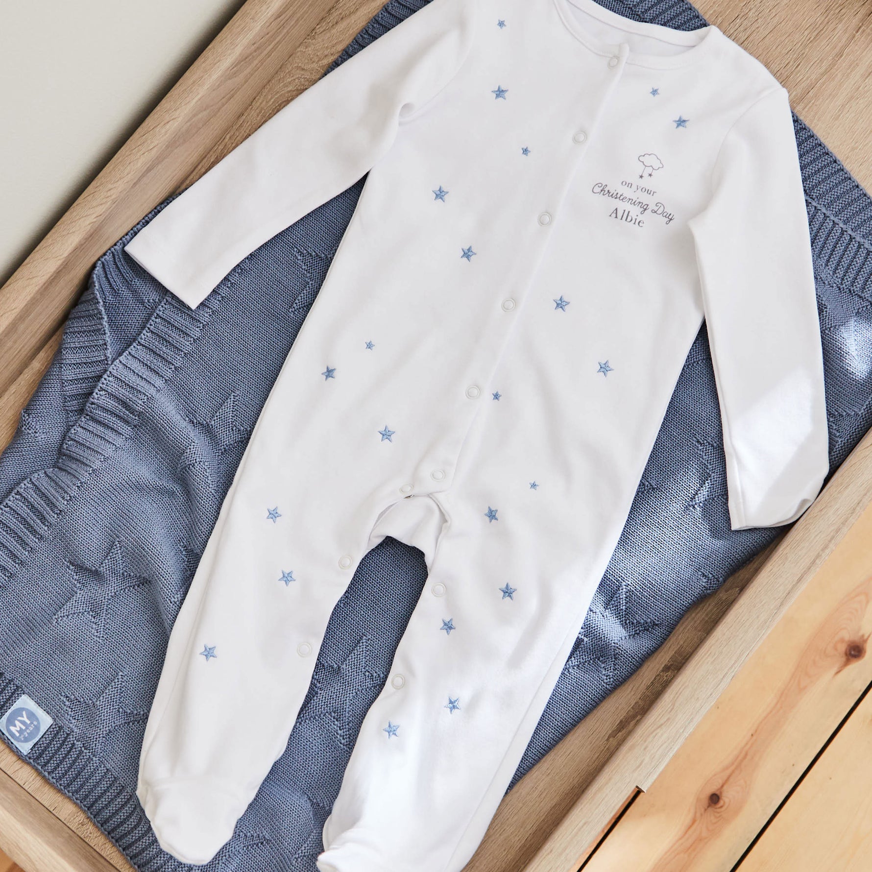 Personalised On Your Christening Day Blue Star Jersey Sleepsuit