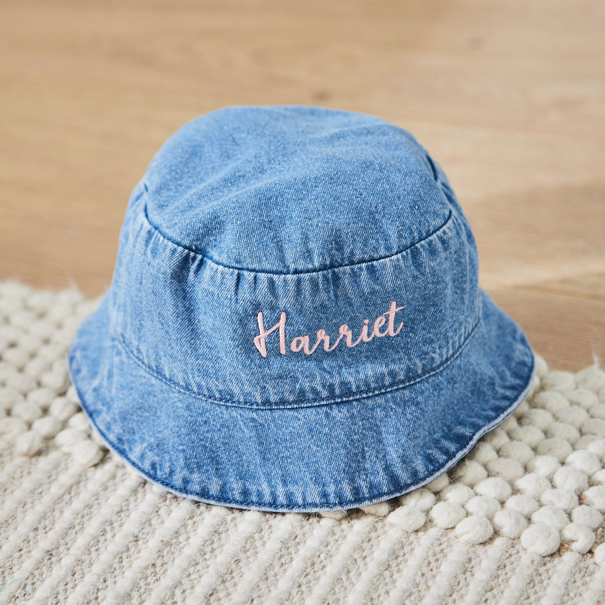 Personalised Pink Cursive Lettering Denim Bucket Hat