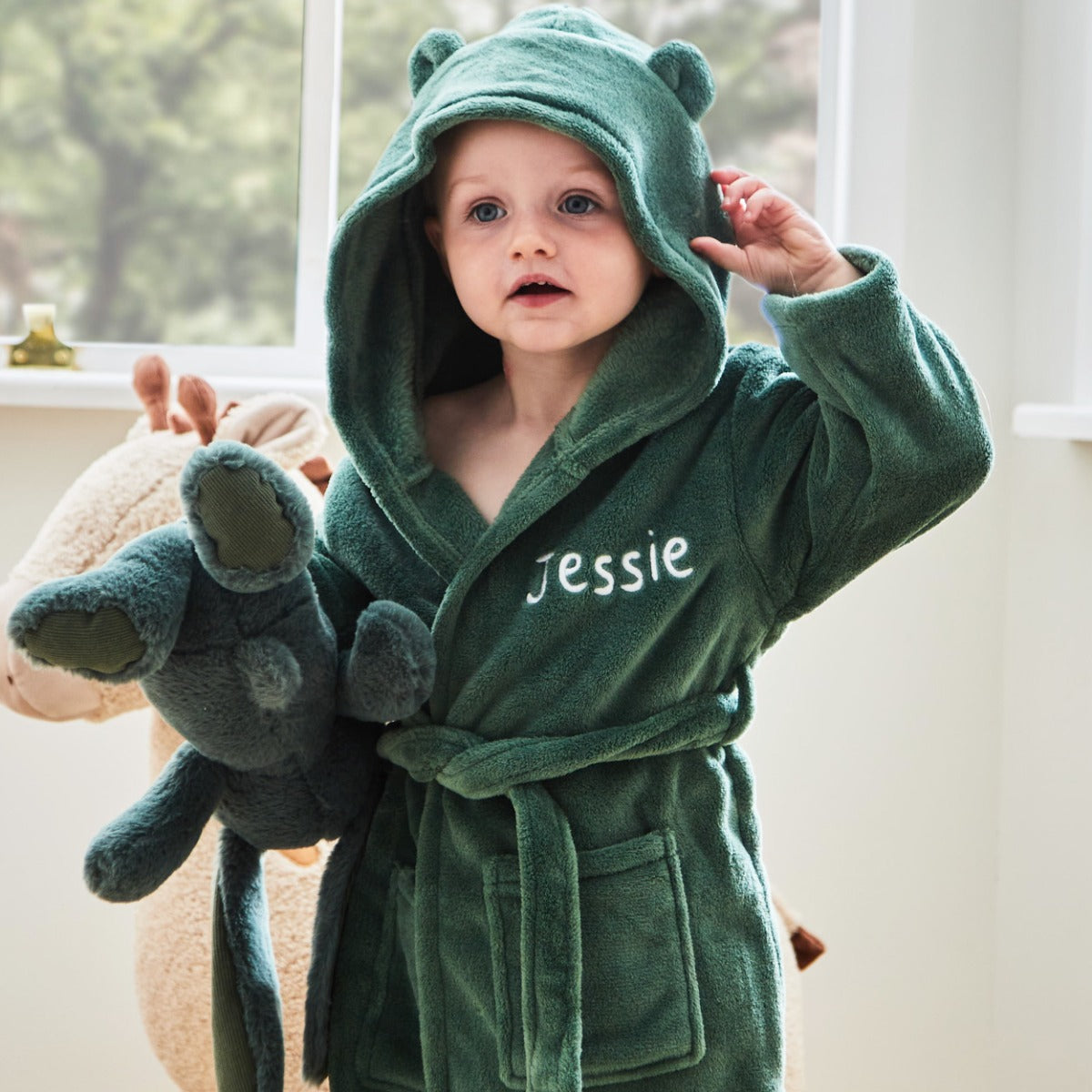 Personalised Forest Green Fleece Robe Ears