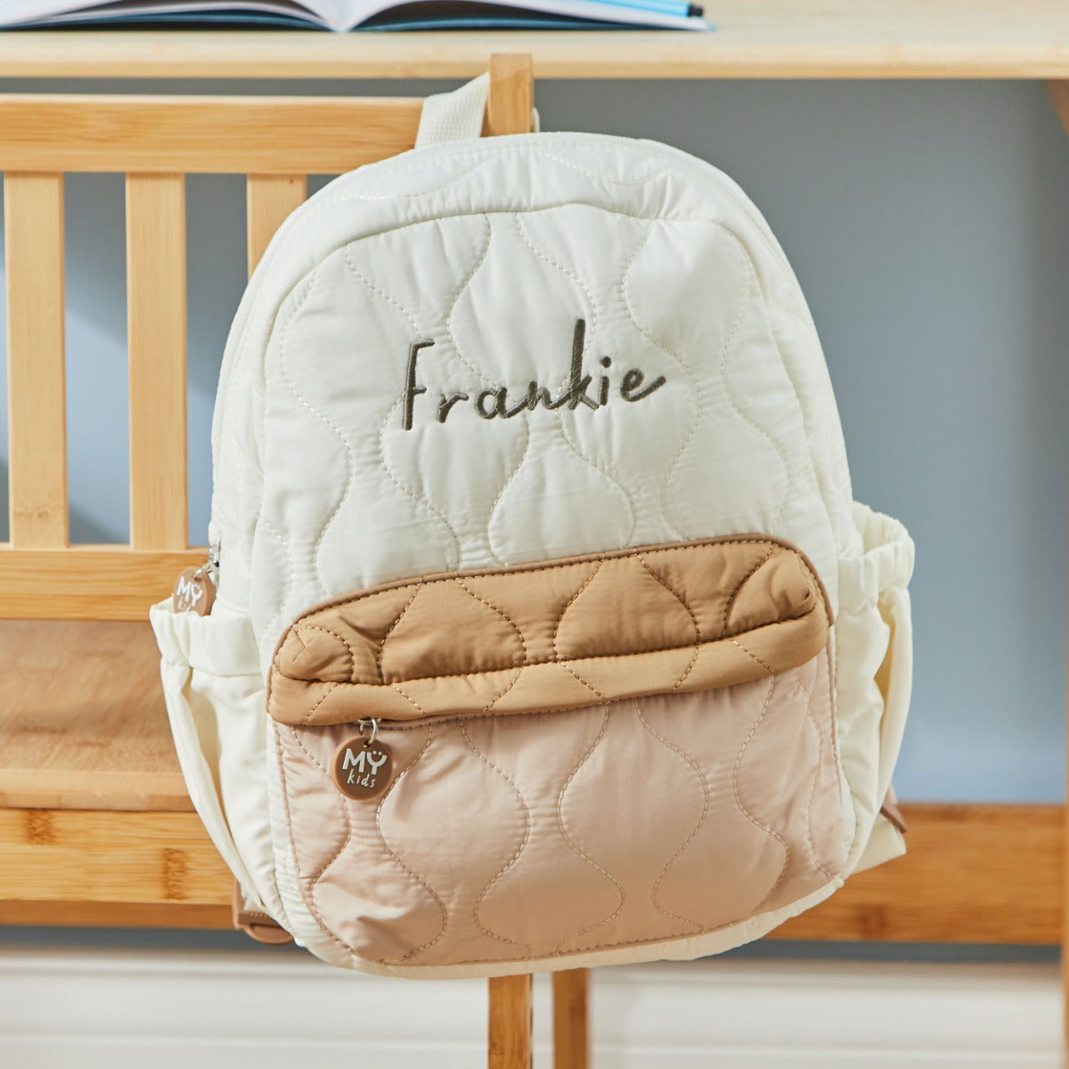 Personalised Colour Block Quilted Medium Backpack in Ecru 