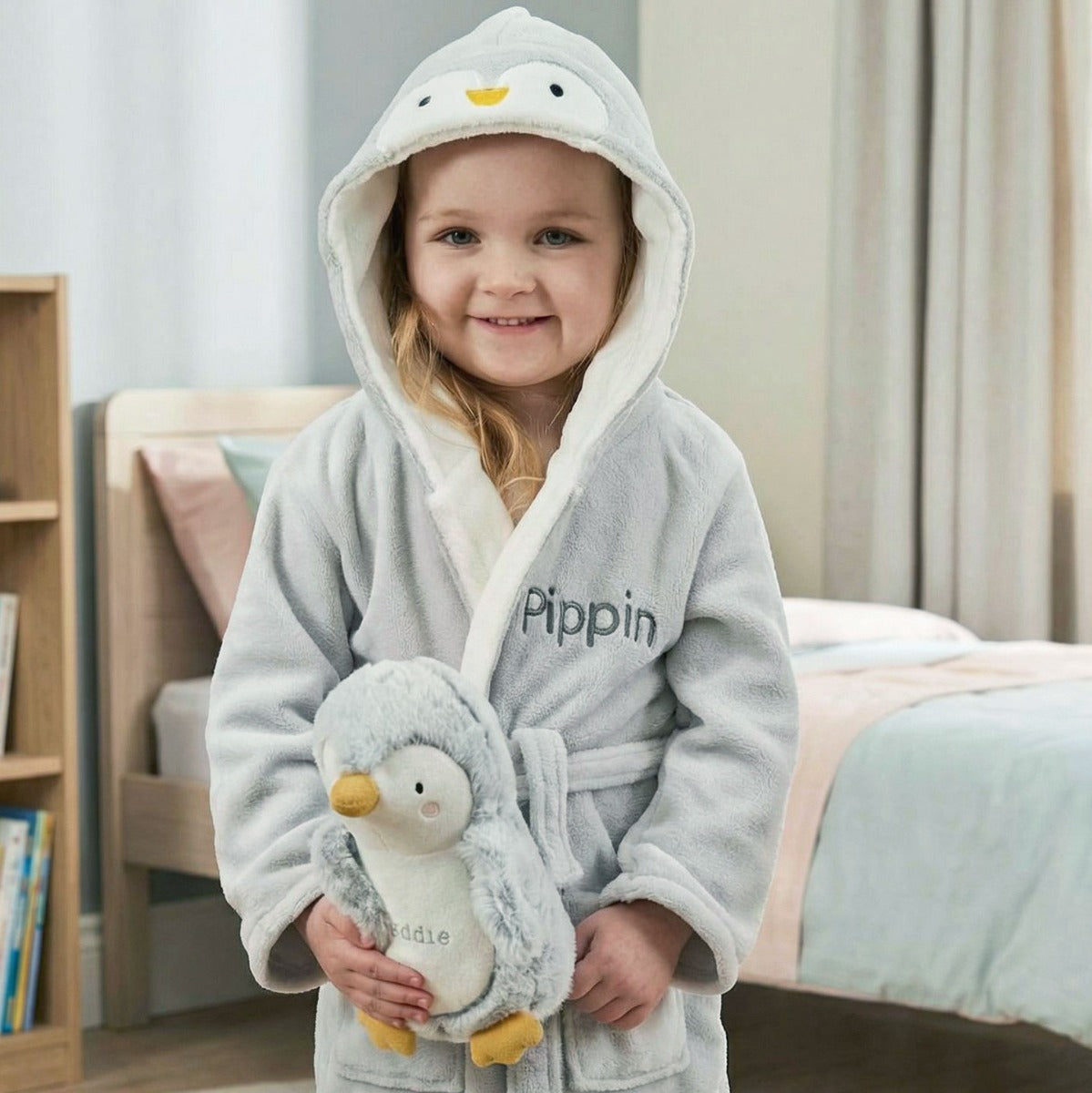Personalized Grey Penguin Fleece Robe