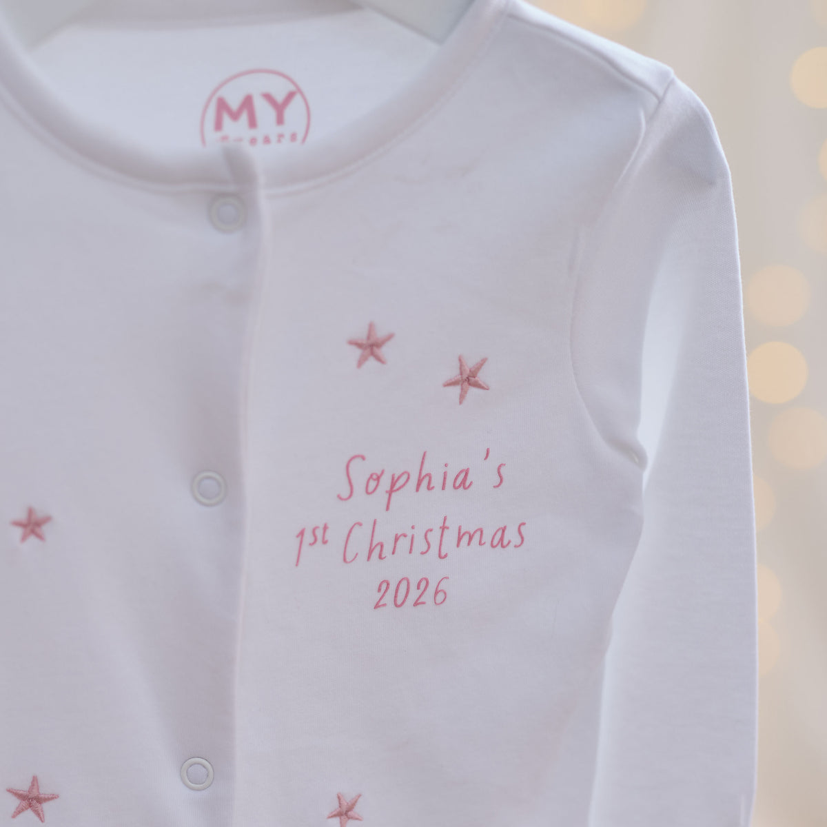 Personalised My 1st Christmas 2026 Pink Star Sleepsuit