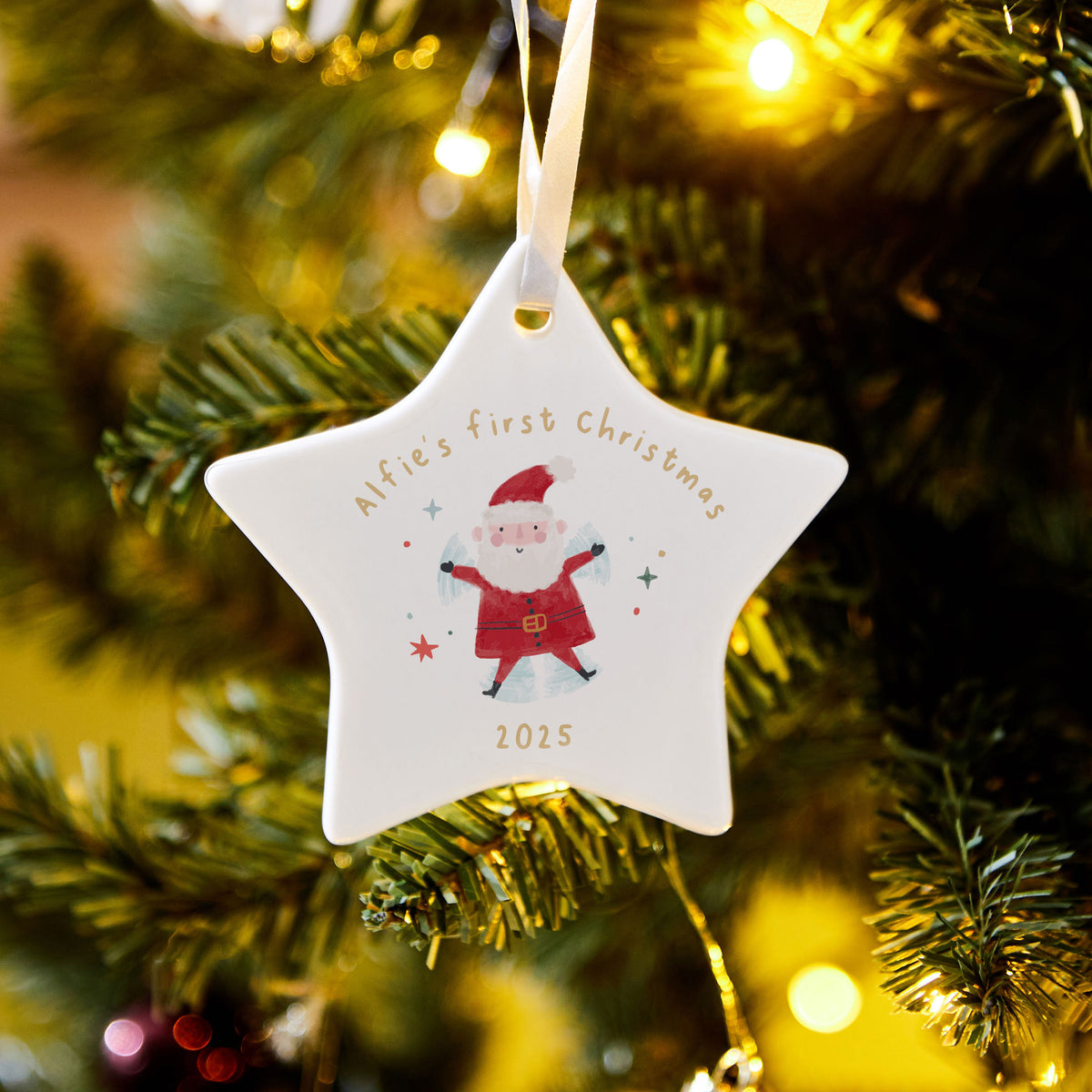 Personalised Santa First Christmas Star Ceramic Hanging Decoration