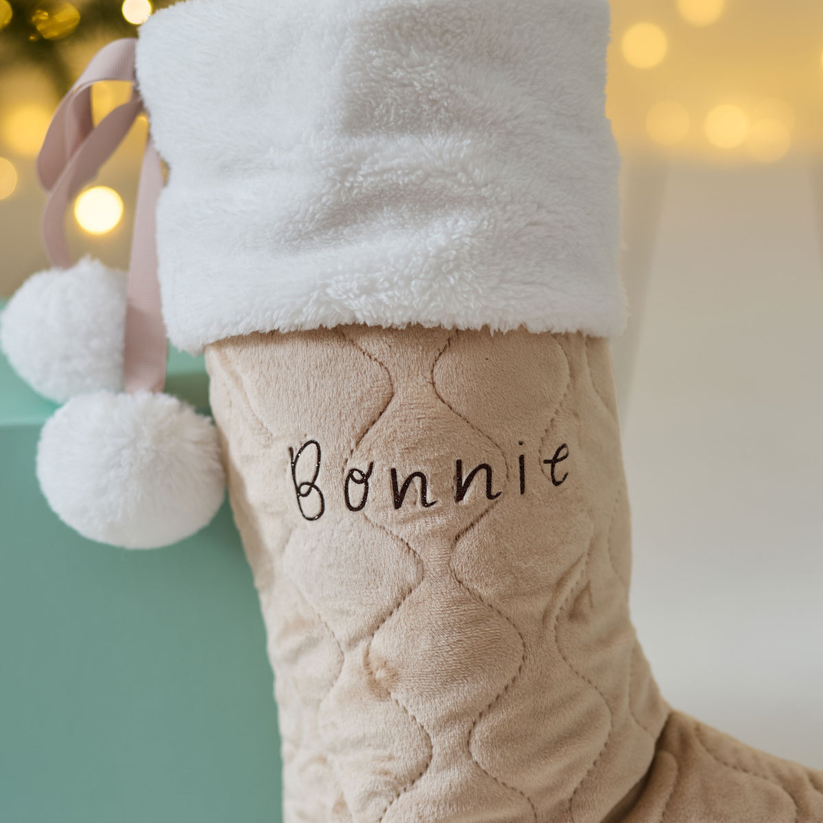 Personalised Name Small Oatmeal Velvet Gift Stocking