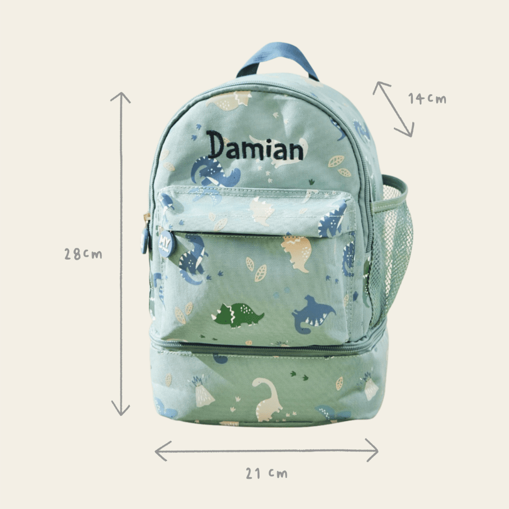 Personalised Green Dinosaur Print Mini Backpack with Compartment