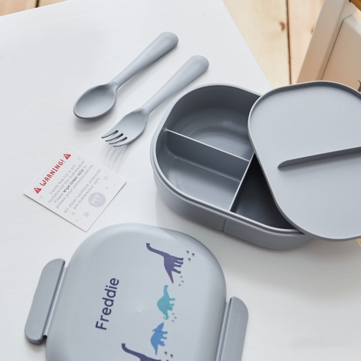 Personalised Grey Dinosaur Design Mushie Lunch Box