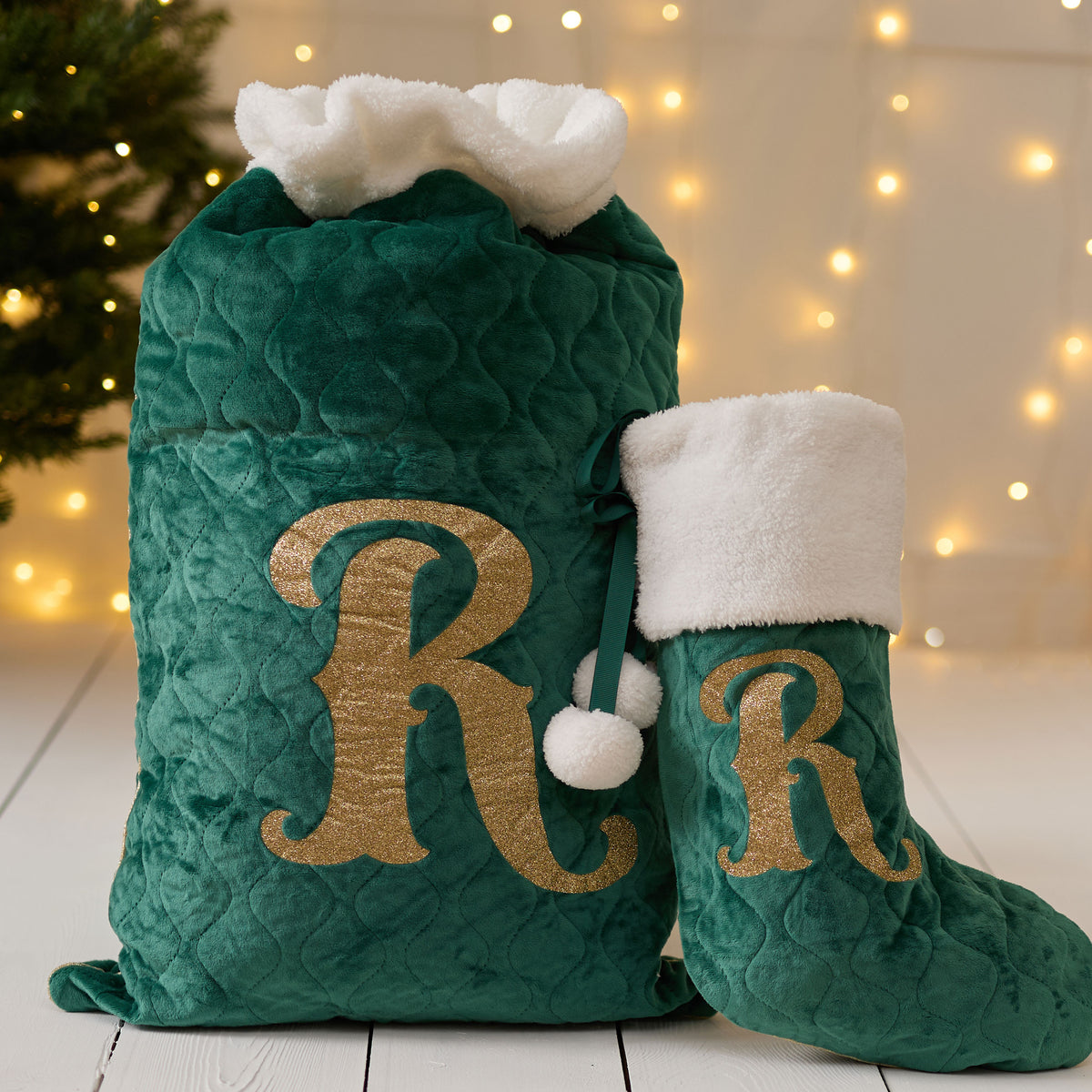 Personalised Green Velvet Initial Sack and Stocking Gift Set
