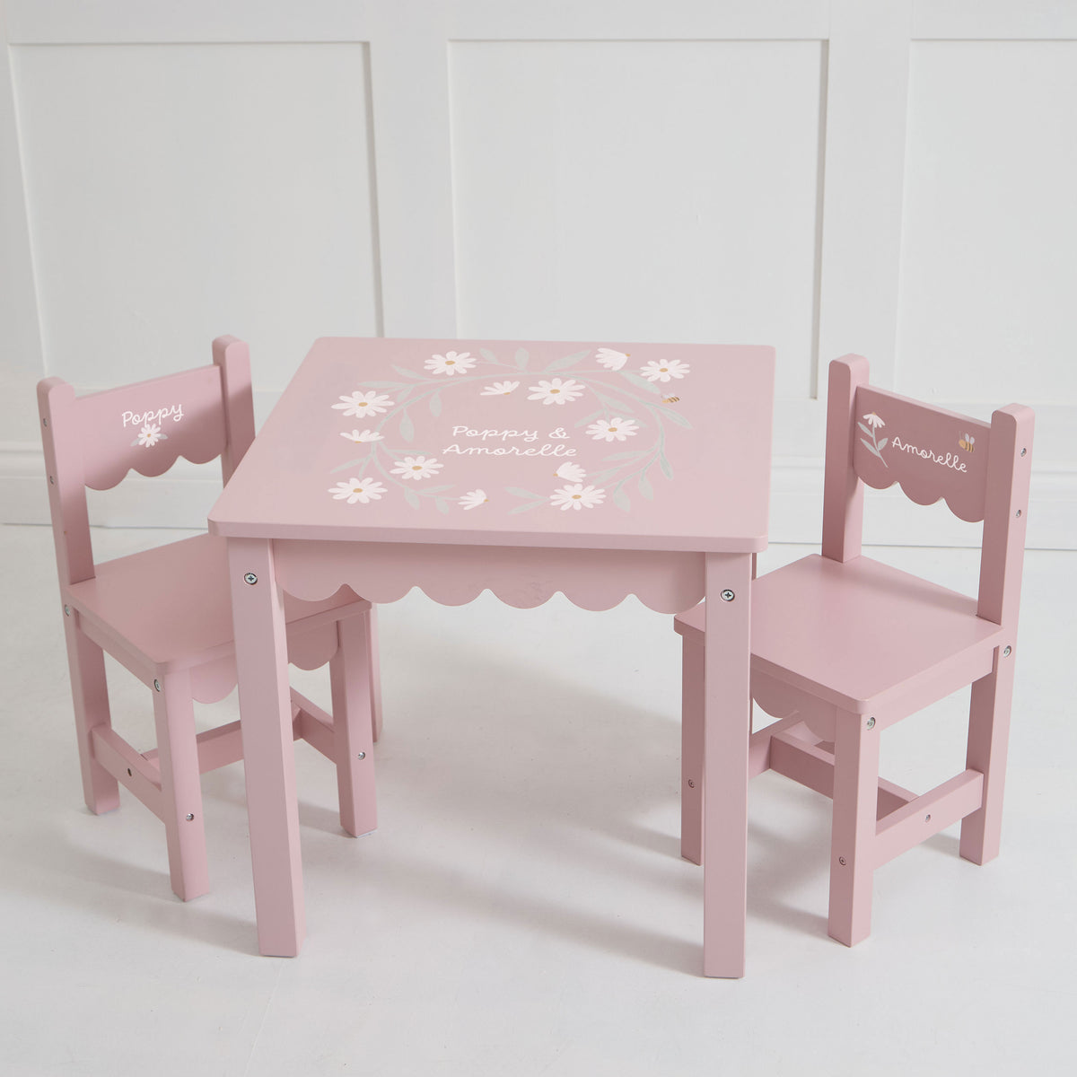 Personalised Daisy Pink Scalloped Table and 2 Chairs Set FSC®