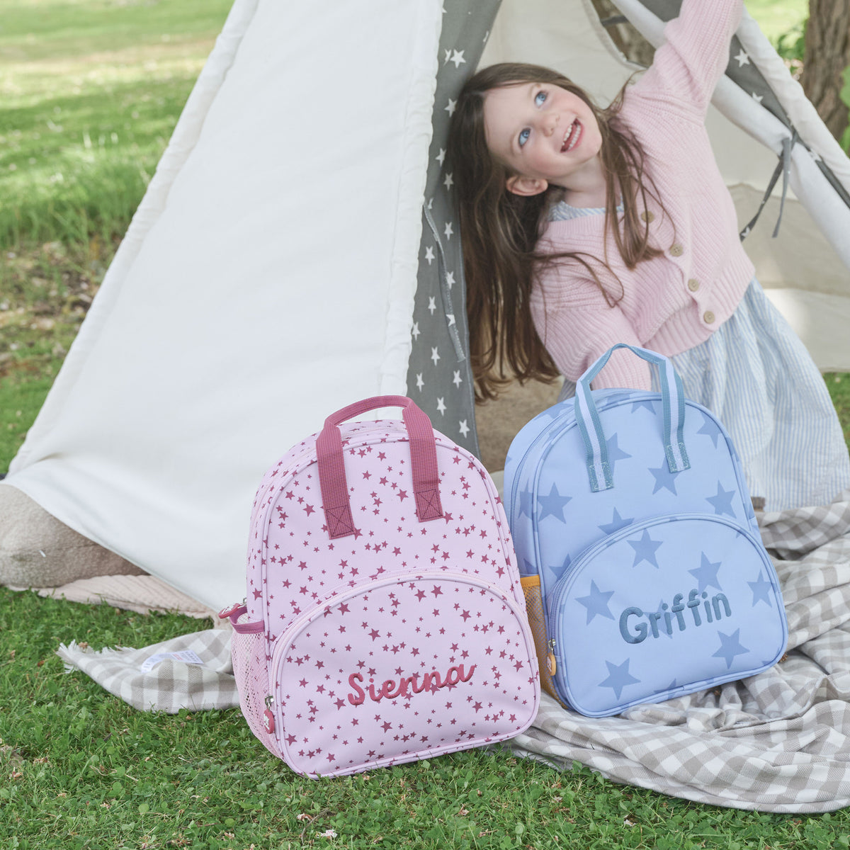 Personalised Pink and Burgundy Star Pocket Medium Backpack