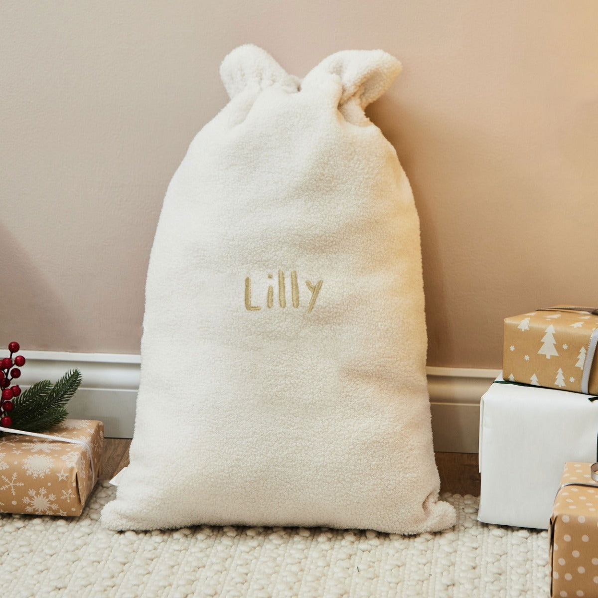 Personalised Cream Borg Christmas Sack