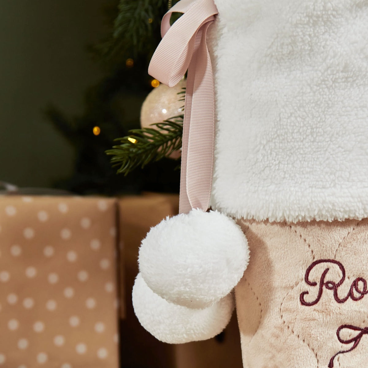 Personalised Bow Oatmeal Velvet Stocking