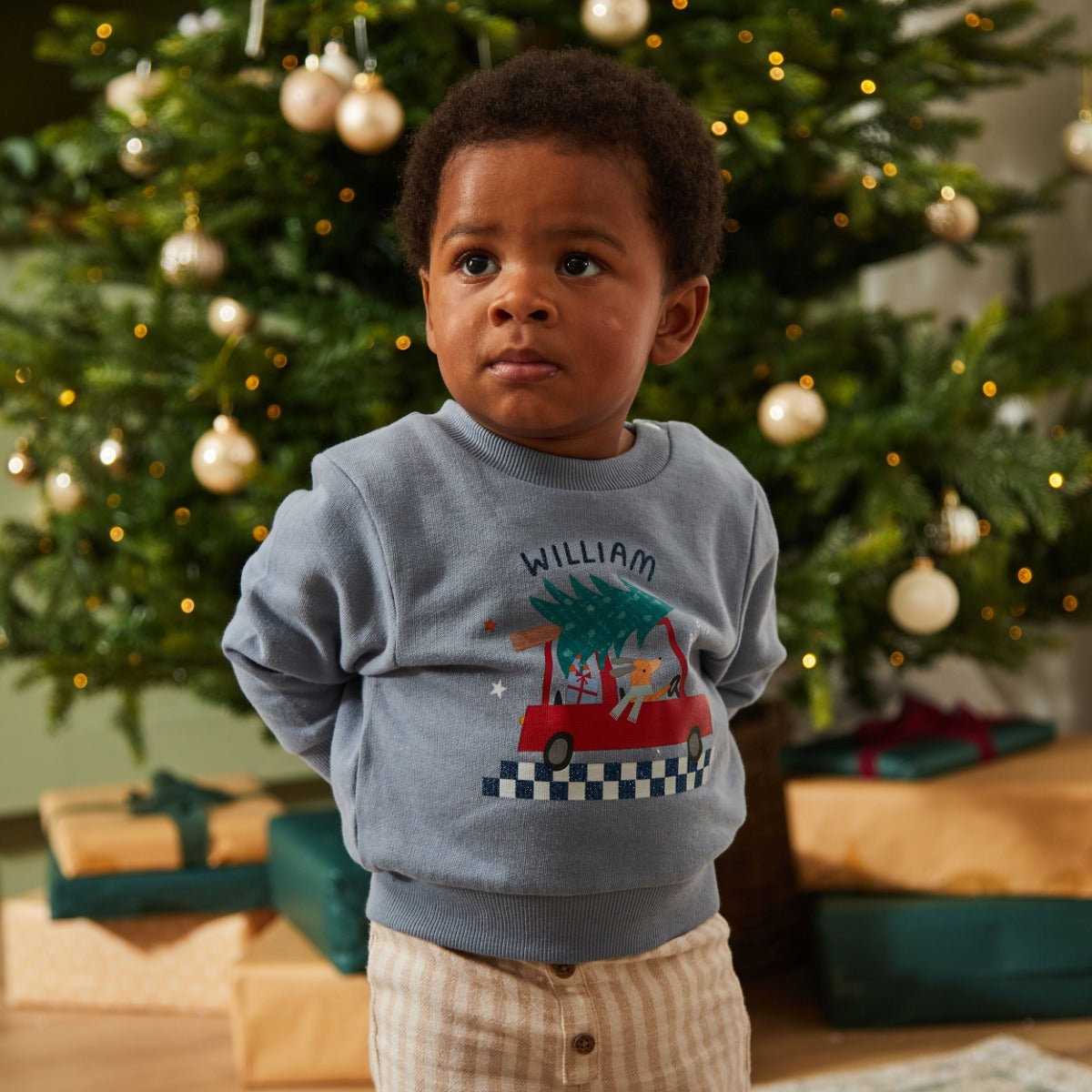Personalised Checkered Christmas Tree Blue Sweatshirt