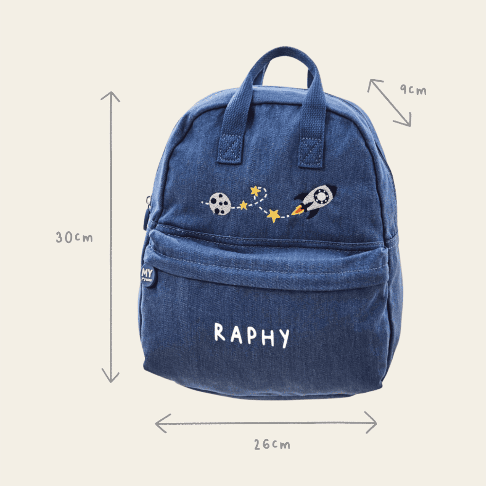 Personalised Moon & Rocket Medium Denim Backpack 