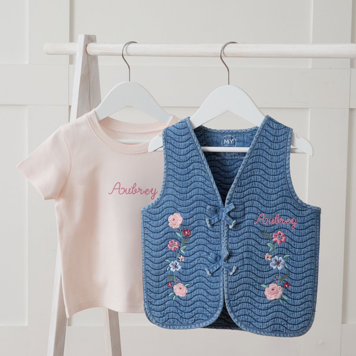 Personalised Floral Embroidered Denim Gilet and Pink Tee Gift Set