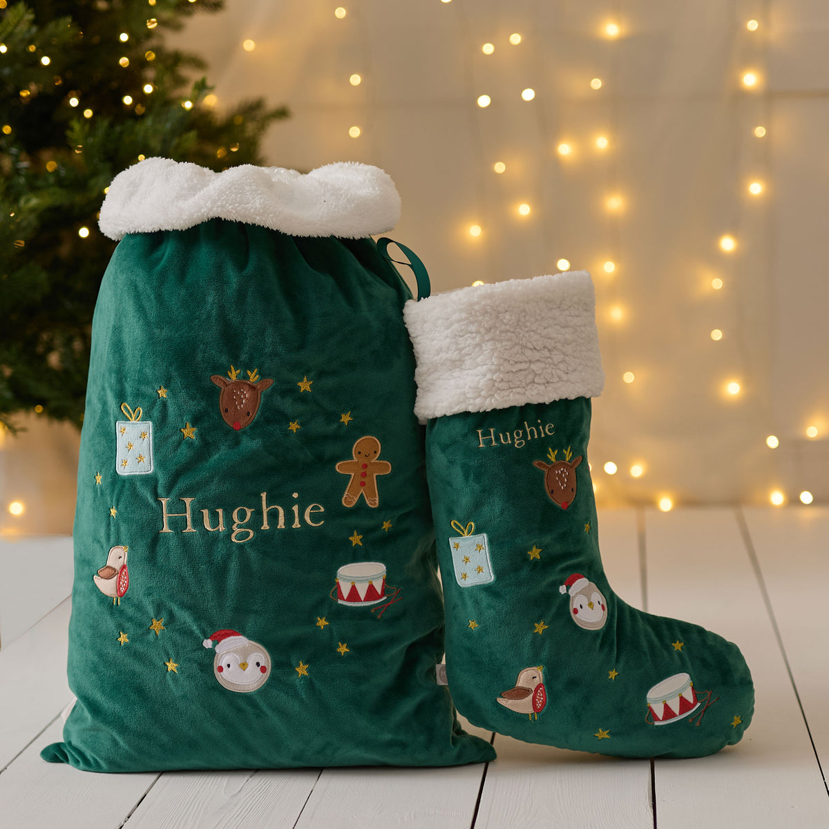 Personalised Green Embroidered Wreath Christmas Sack and Stocking Gift Set