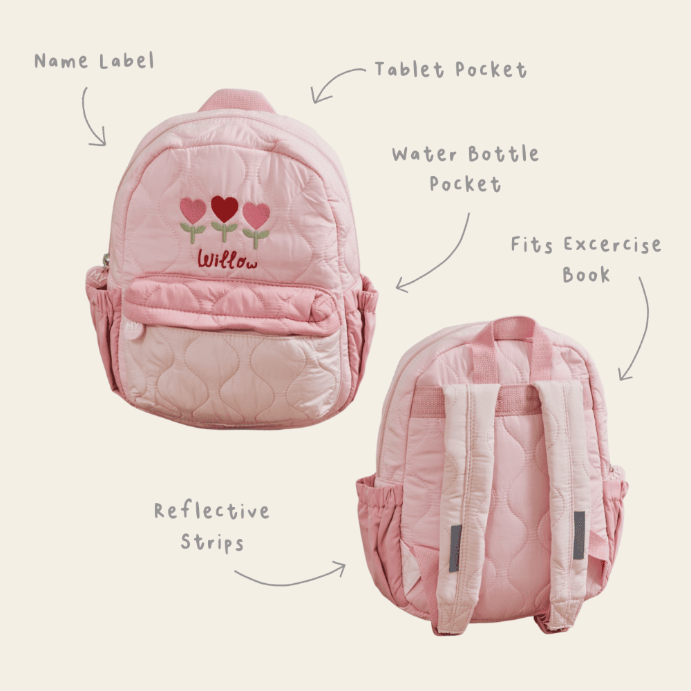 Personalised Heart Flower Pink Medium Quilted Backpack