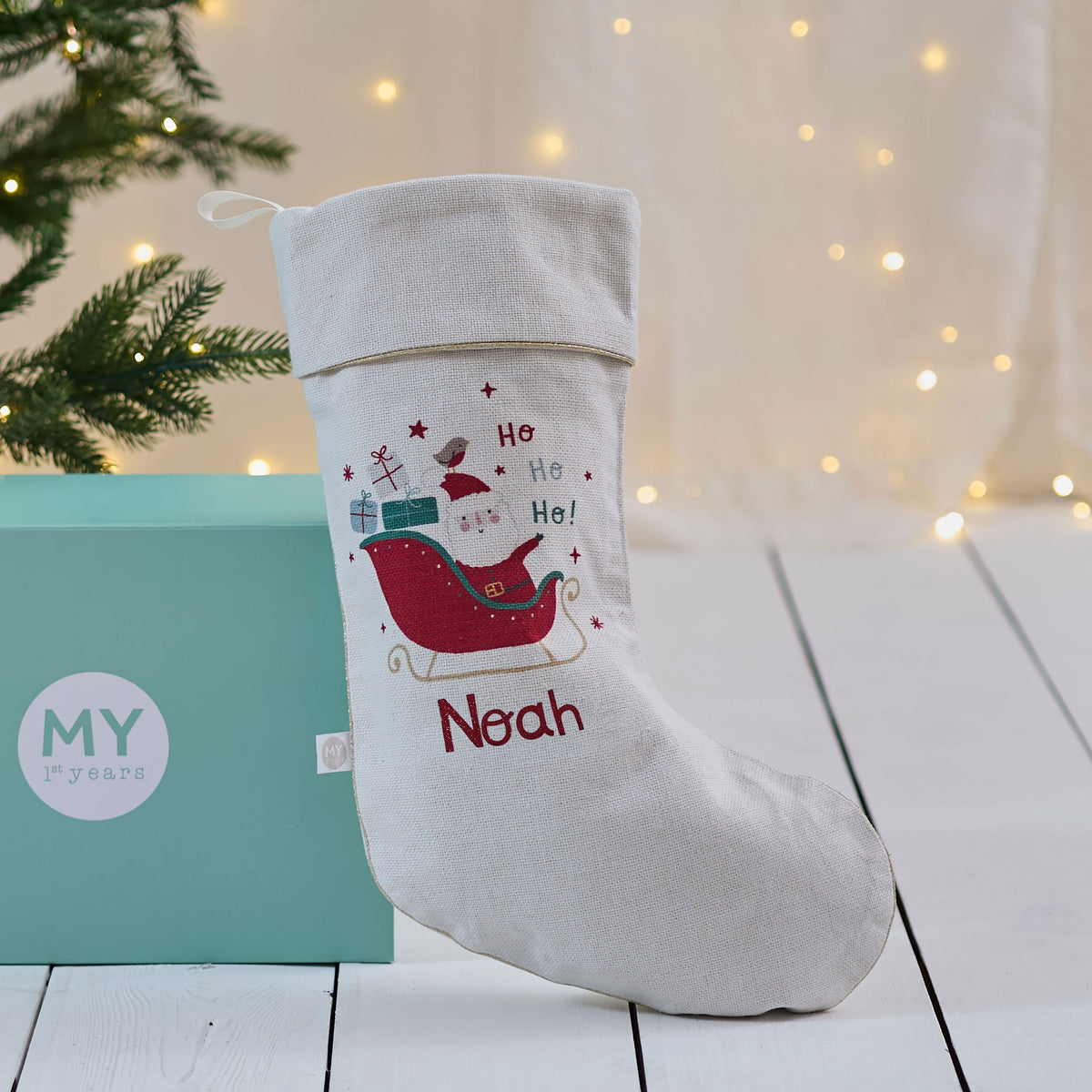 Personalised Santa Sleigh Small Cream Gift Stocking