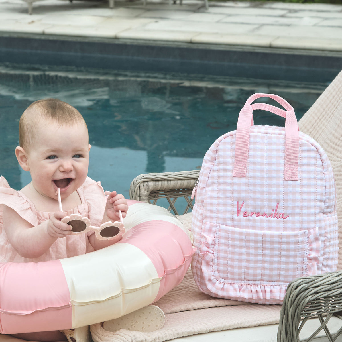 Personalised Pink Gingham Kids Backpack