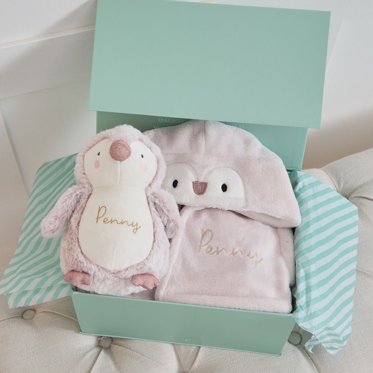 Personalised Pink Penguin Snuggle & Cuddle Gift Set