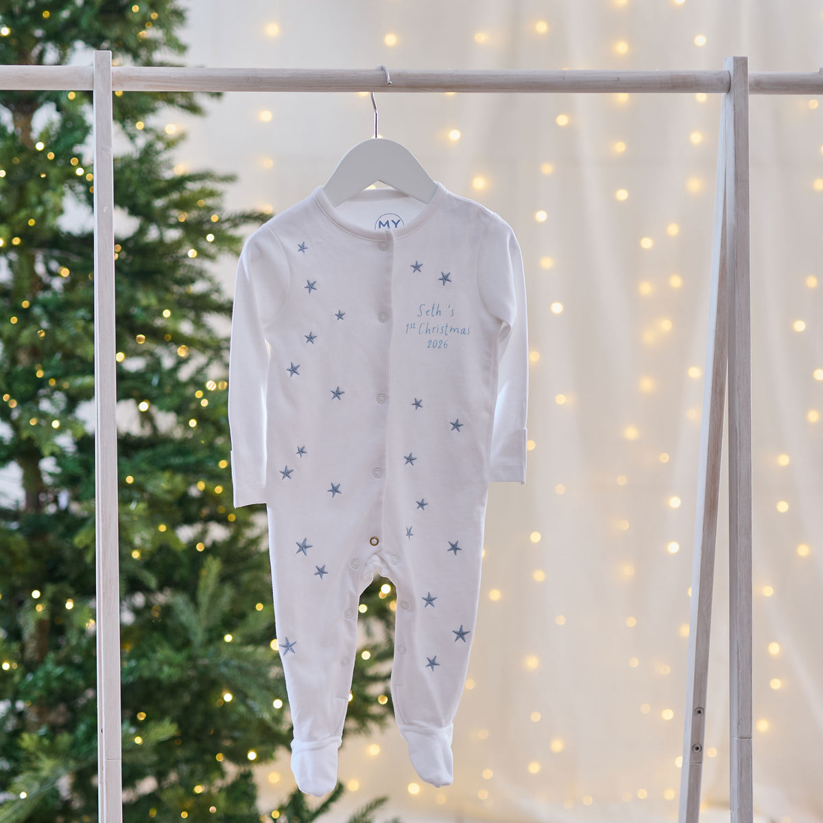 Personalised My 1st Christmas 2026 Blue Star Sleepsuit