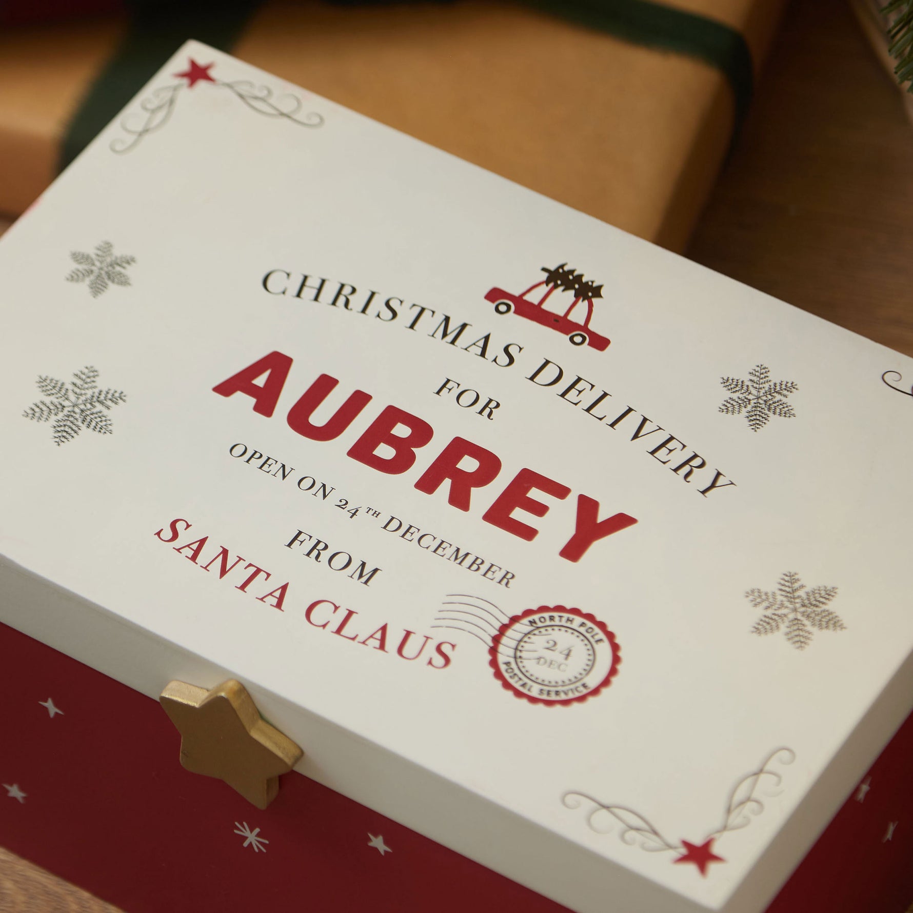 Personalised Wooden Christmas Delivery Red Christmas Eve Box FSC®