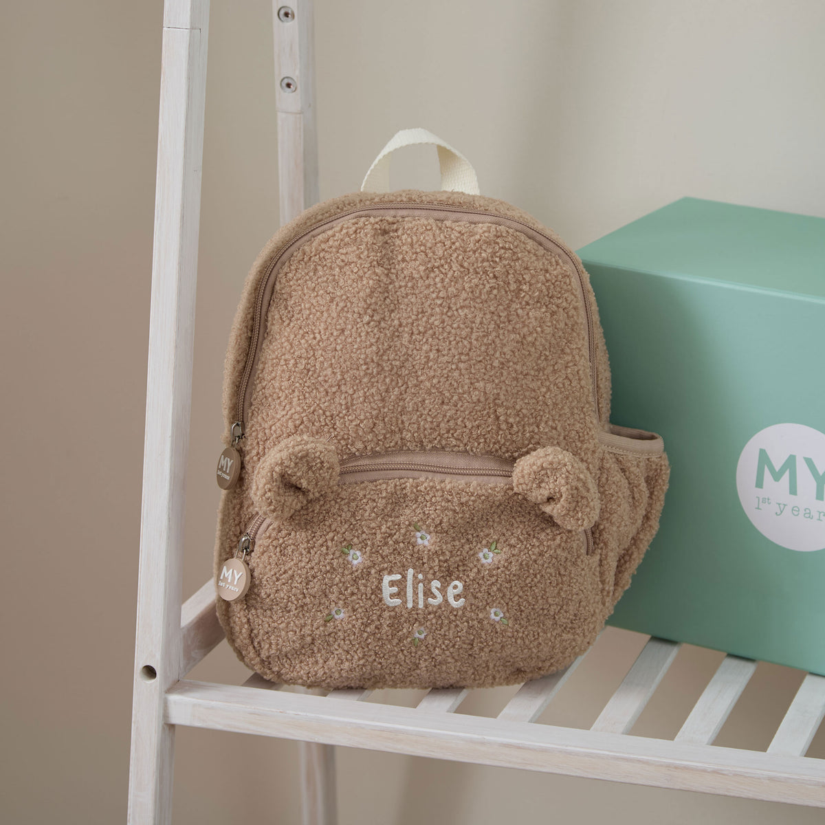 Personalised Daisy Embroidered Caramel Borg Backpack
