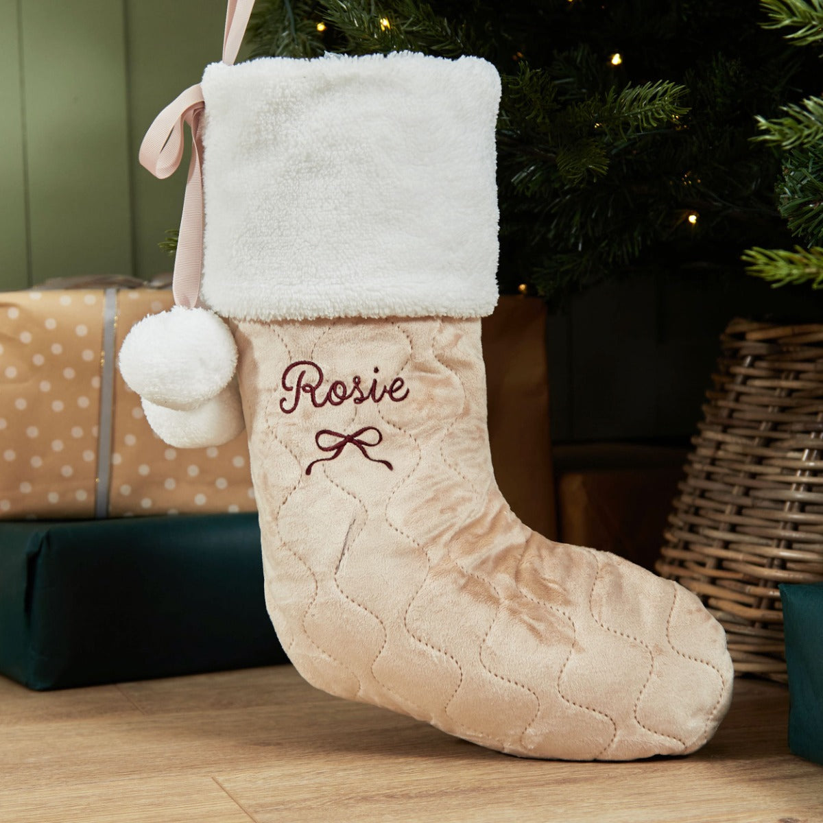 Personalised Bow Oatmeal Velvet Stocking