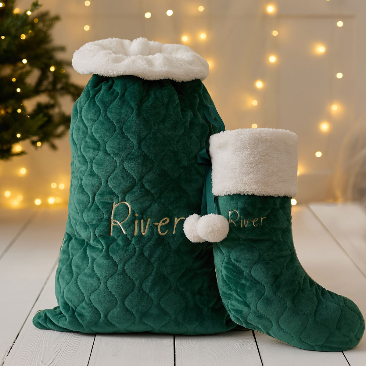 Personalised Green Velvet Name Sack and Stocking Gift Set