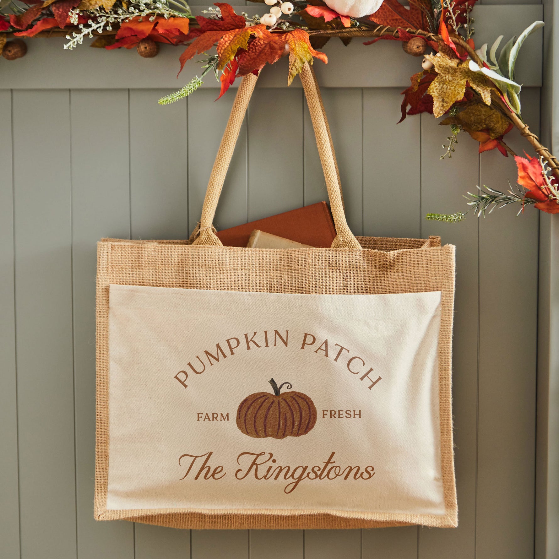 Personalised Autumn Pumpkin Patch Canvas and Hessian Tote Bag