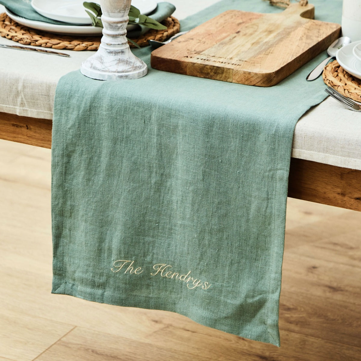 Personalised Family Linen Table Runner in Rosemary by Made Yours