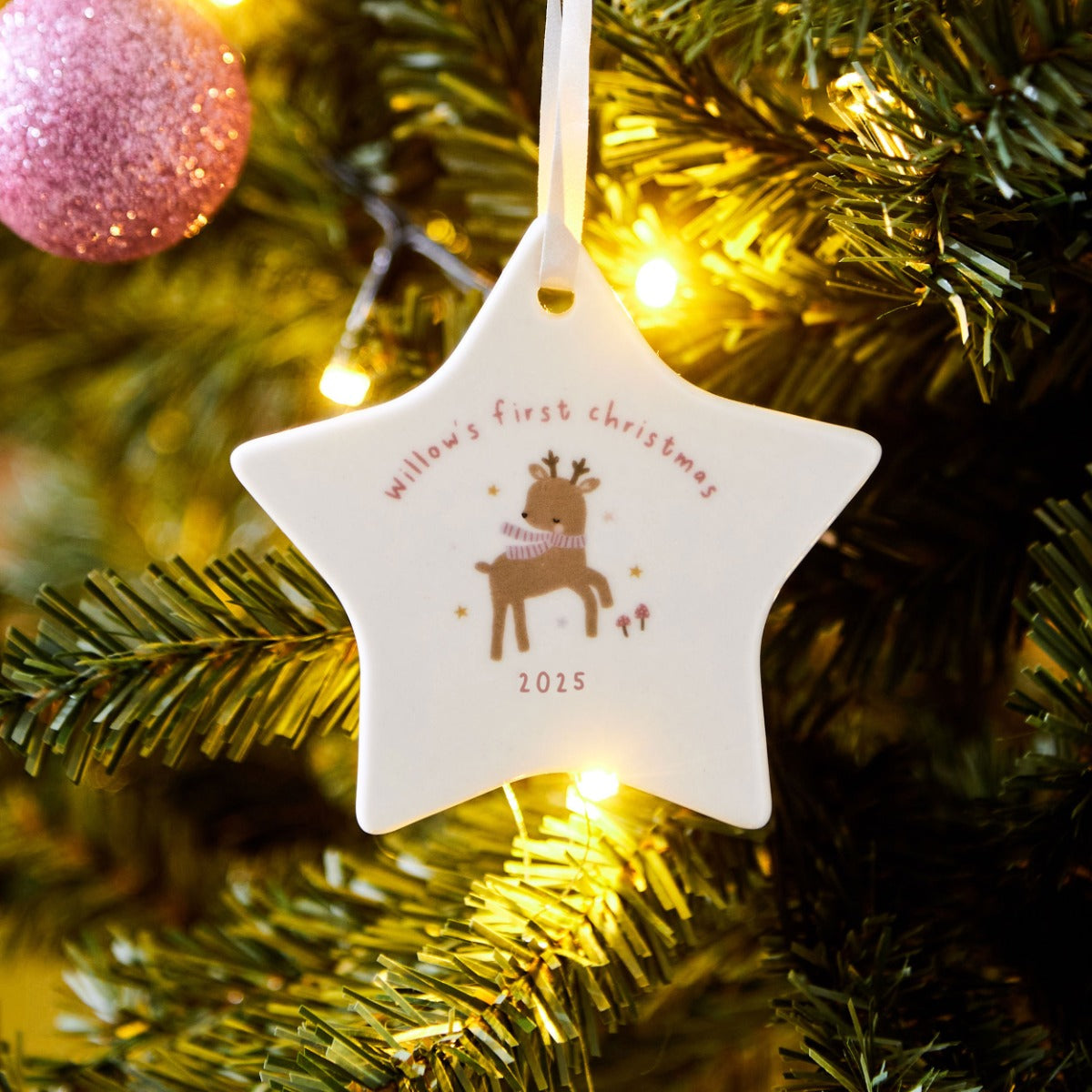 Personalised Pink 1st Christmas Star Ceramic Hanging Decoration