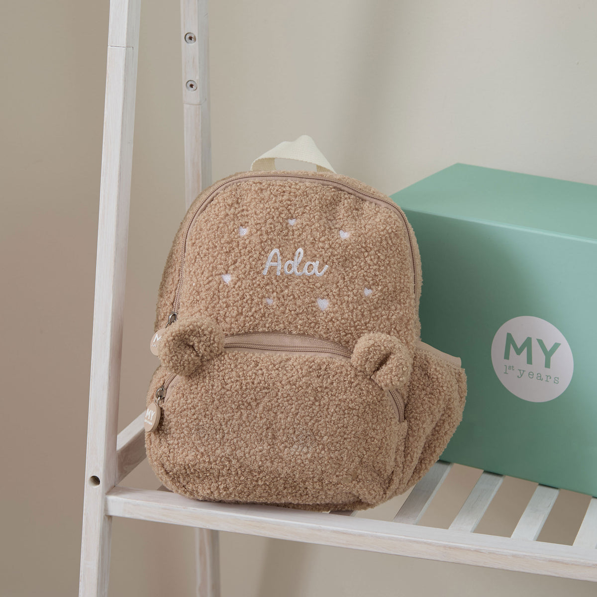 Personalised Heart Embroidered Caramel Borg Bear Ear Backpack
