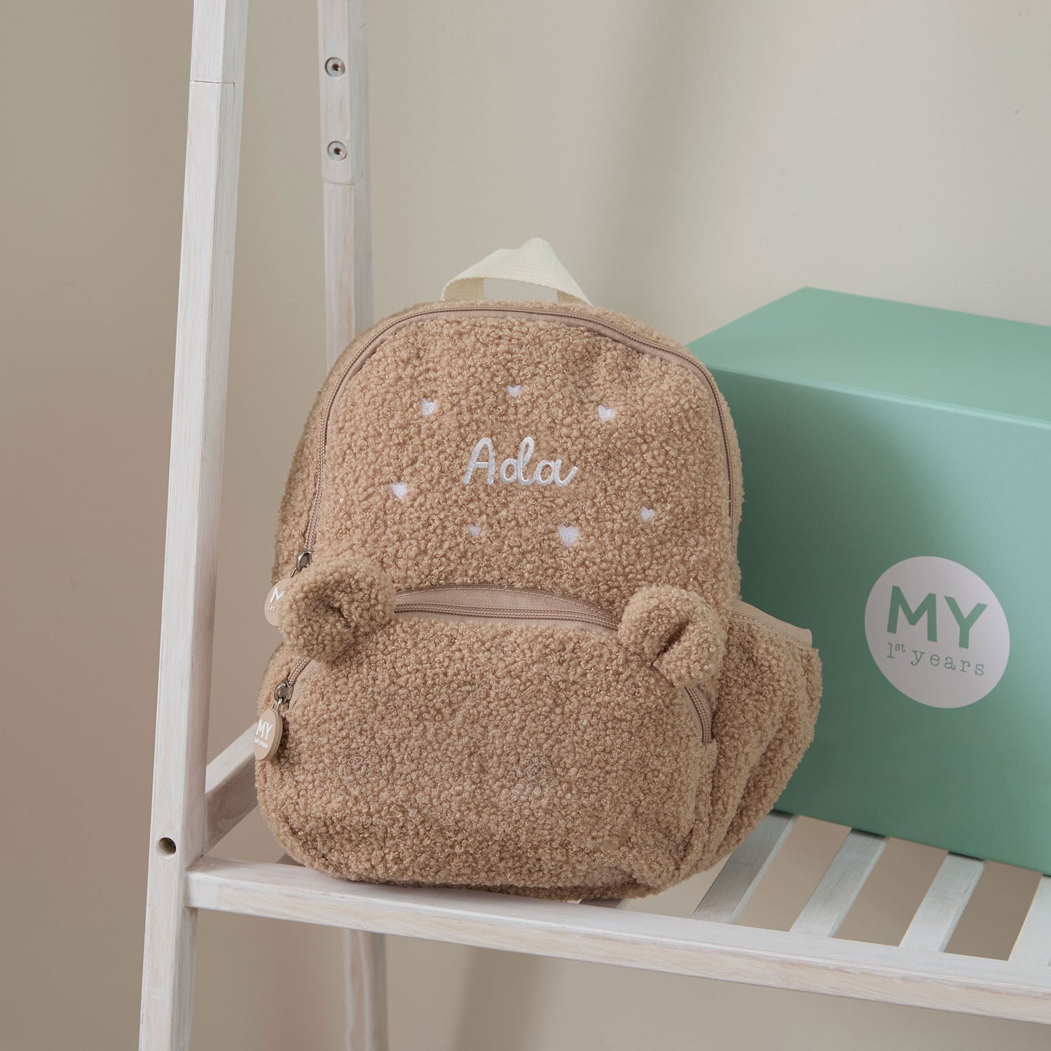 Personalised Heart Embroidered Caramel Borg Bear Ear Backpack